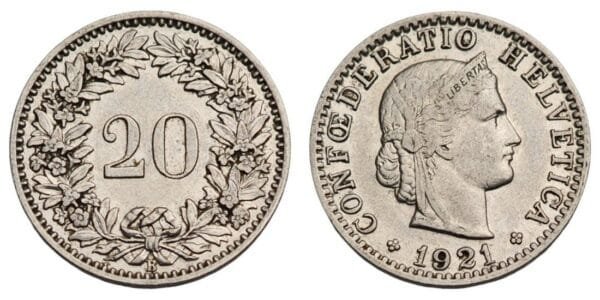 SWITZERLAND 20 rappen 1921 VF