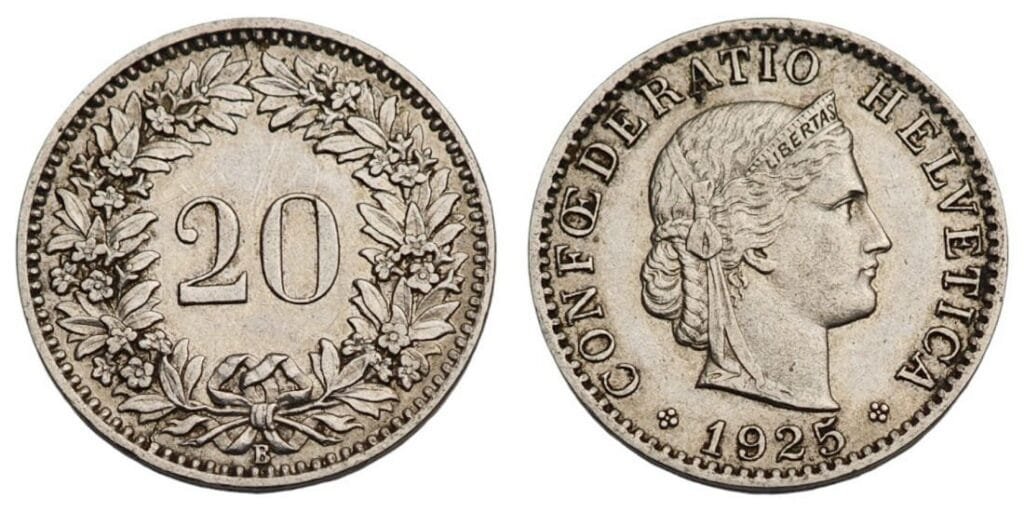 SWITZERLAND 20 rappen 1925 VF