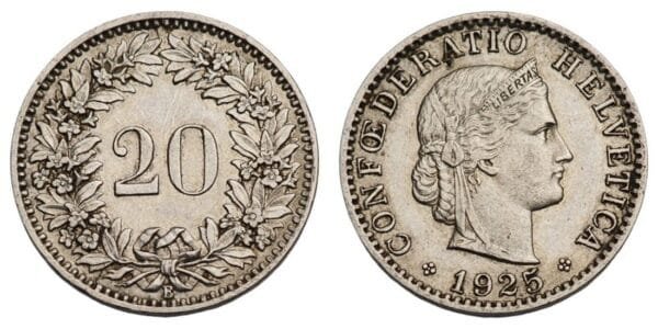 SWITZERLAND 20 rappen 1925 VF