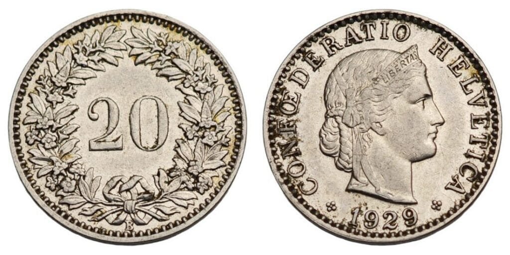SWITZERLAND 20 rappen 1929 VF