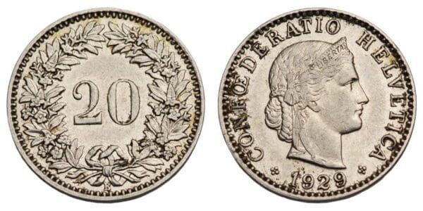 SWITZERLAND 20 rappen 1929 VF