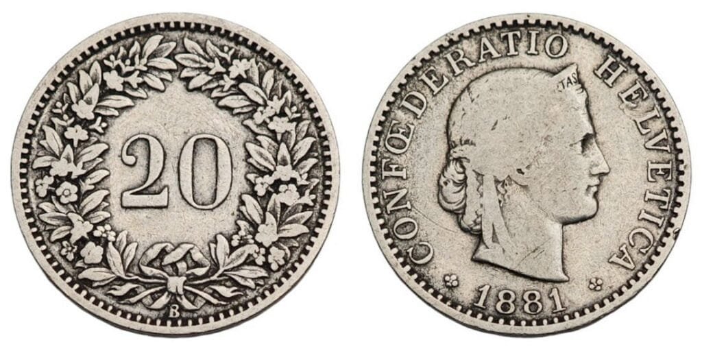 SWITZERLAND 20 rappen 1881 VF-