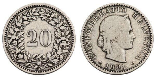 SWITZERLAND 20 rappen 1881 VF-