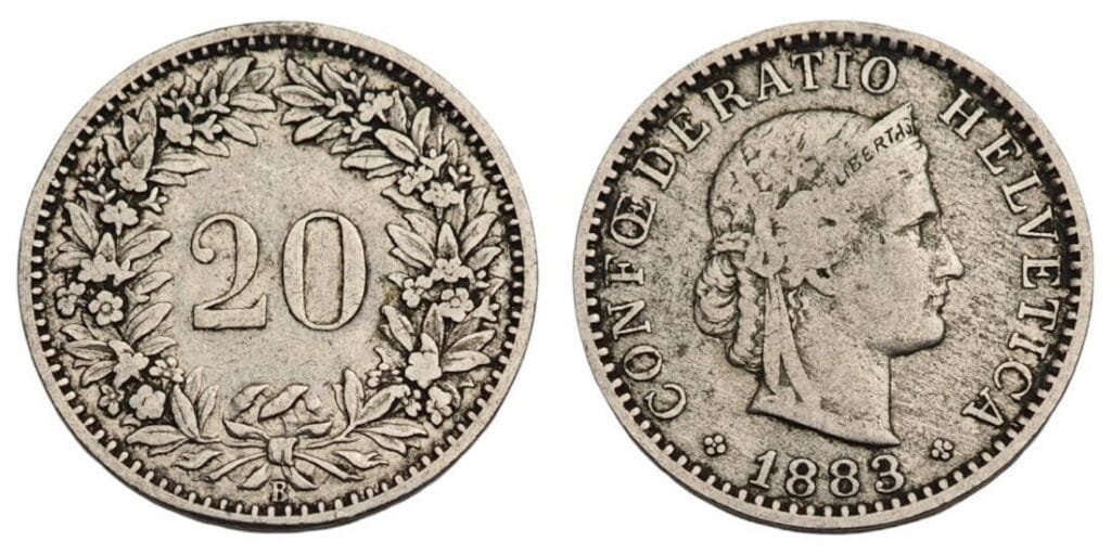SWITZERLAND 20 rappen 1883 VF-