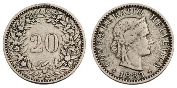 SWITZERLAND 20 rappen 1883 VF-