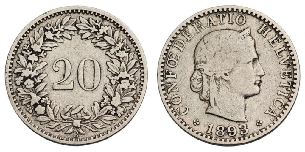 SWITZERLAND 20 rappen 1893 VF-