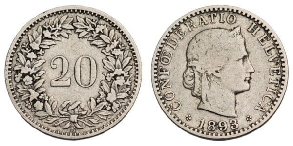 SWITZERLAND 20 rappen 1893 VF-