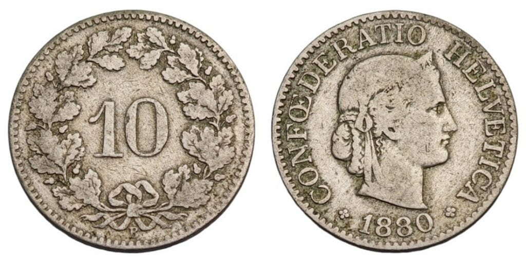 SWITZERLAND 10 rappen 1880 VF-