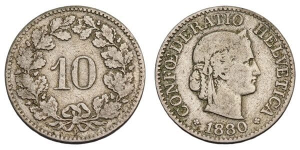 SWITZERLAND 10 rappen 1880 VF-