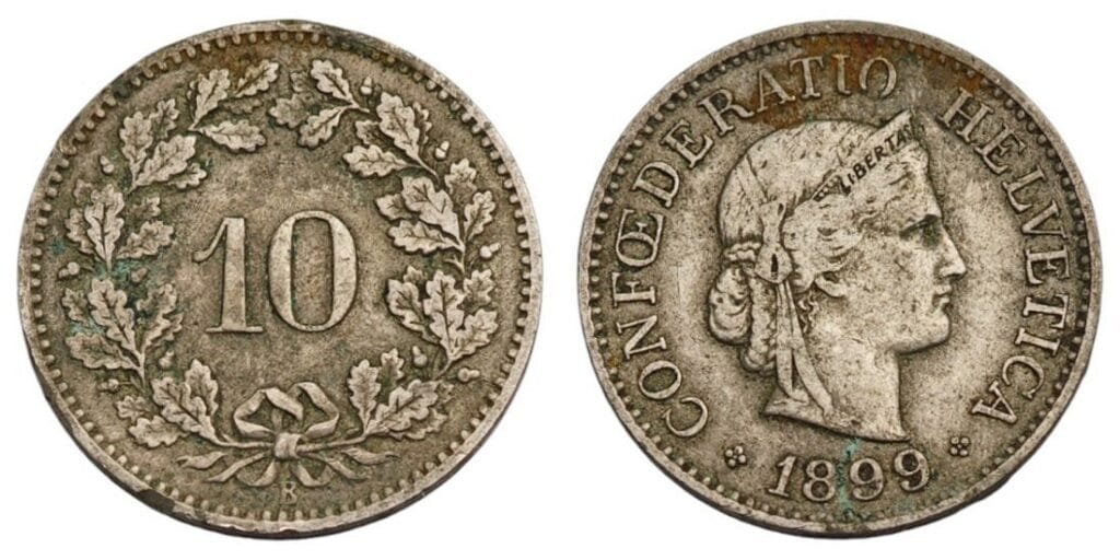 SWITZERLAND 10 rappen 1899 VF-