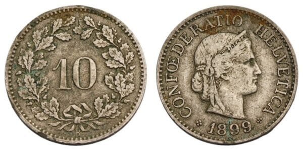 SWITZERLAND 10 rappen 1899 VF-