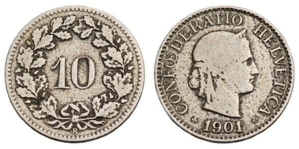 SWITZERLAND 10 rappen 1901 F