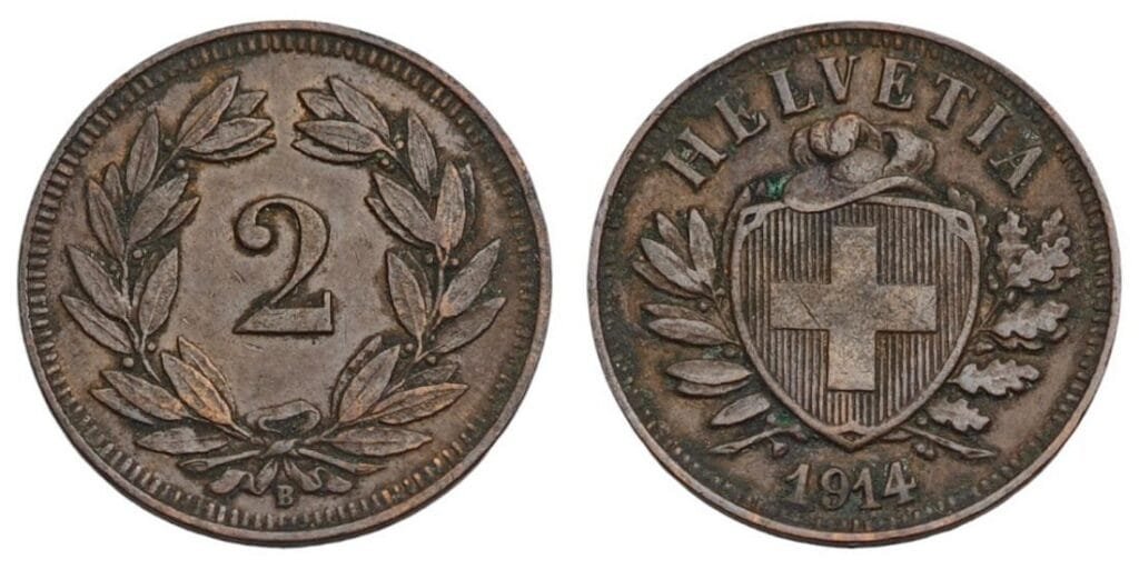 SWITZERLAND 2 rappen 1914 VF