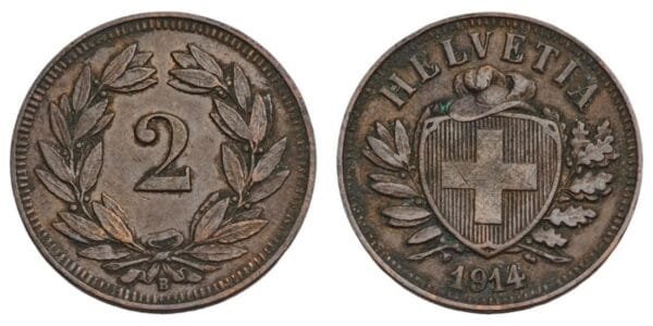SWITZERLAND 2 rappen 1914 VF