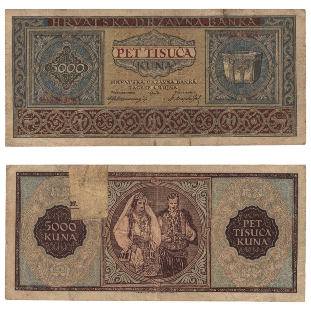 CROATIA 5000 kuna 1943 / WWII Ustasa Germany Italy ally / taped / F-