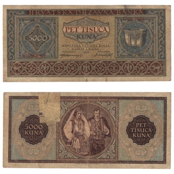 CROATIA 5000 kuna 1943 / WWII Ustasa Germany Italy ally / taped / F-