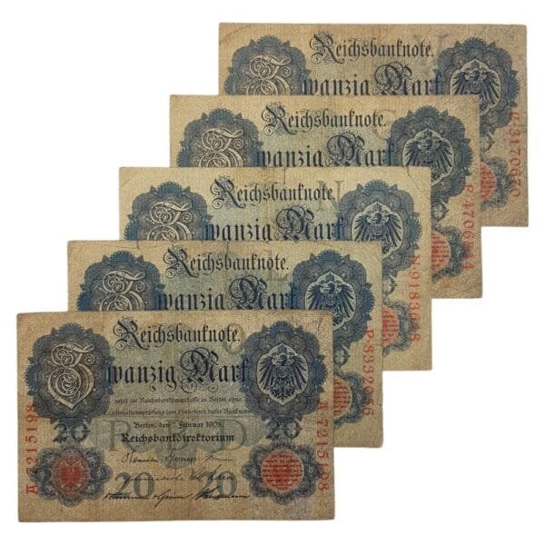 GERMANY 20 mark / Empire / 5 pcs. Banknotes lot / lower grades