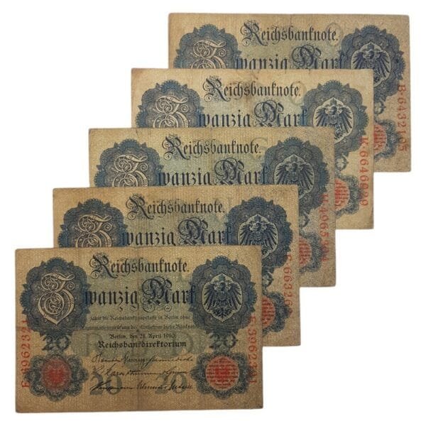 GERMANY 20 mark / Empire / 5 pcs. Banknotes lot / lower grades