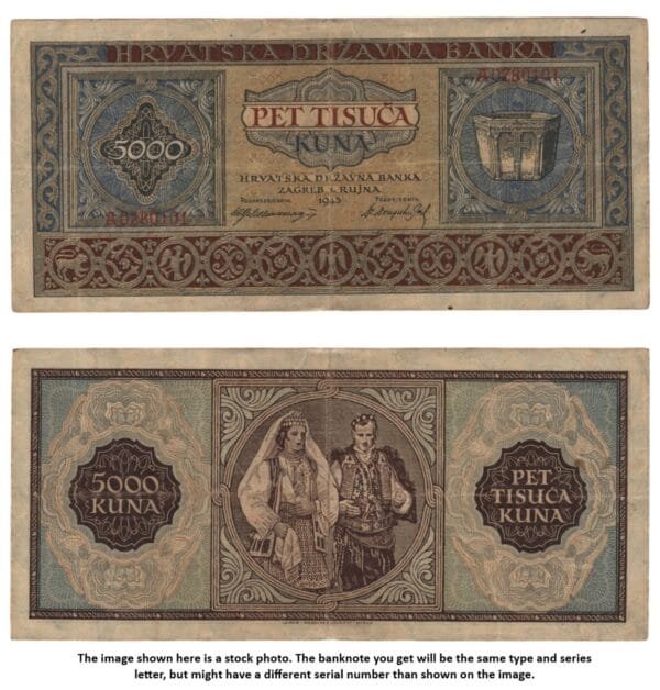 CROATIA 5000 kuna 1943 / Letter prefix: A / WWII Ustasa Germany Italy ally / VF-