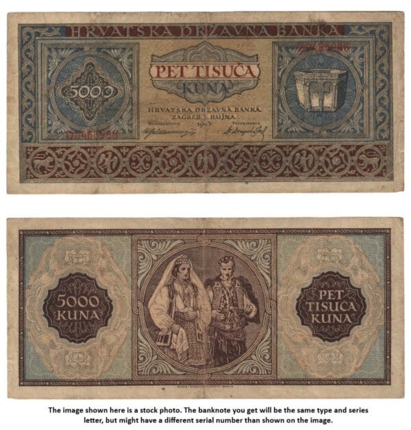 CROATIA 5000 kuna 1943 / Letter prefix: D / WWII Ustasa Germany Italy ally / VF-