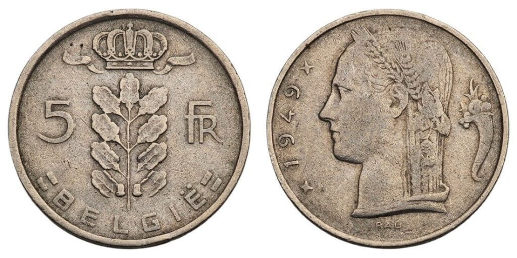BELGIUM 5 francs 1949 / Dutch text / VF