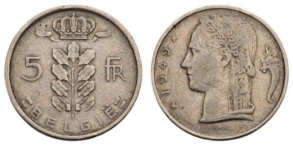 BELGIUM 5 francs 1949 / Dutch text / VF