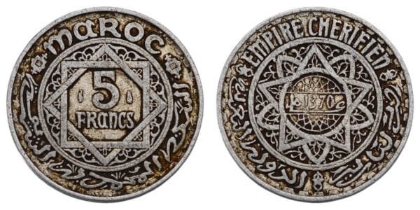 MOROCCO 5 francs AH1370 VF