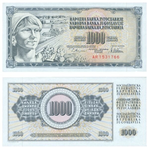 YUGOSLAVIA 1000 dinara 1978 / Correct text: "GUVERNER / Series: AR / UNC