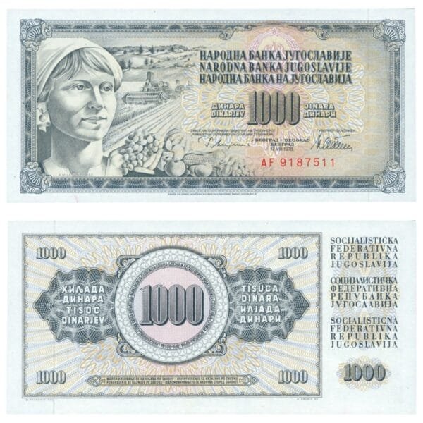 YUGOSLAVIA 1000 dinara 1978 / Correct text: "GUVERNER / Series: AF / UNC