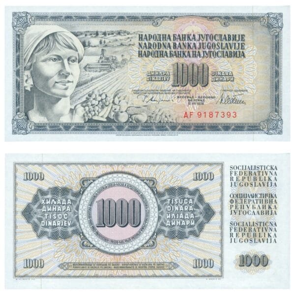 YUGOSLAVIA 1000 dinara 1978 / Correct text: "GUVERNER / Series: AF / UNC
