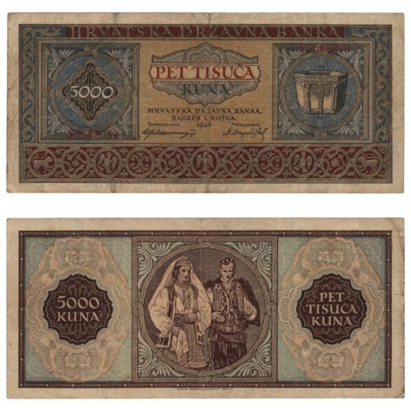 CROATIA 5000 kuna 1943 / Letter prefix: P / WWII Ustasa Germany Italy ally / VF-