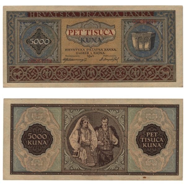 CROATIA 5000 kuna 1943 / Letter prefix: O / WWII Ustasa Germany Italy ally / VF-