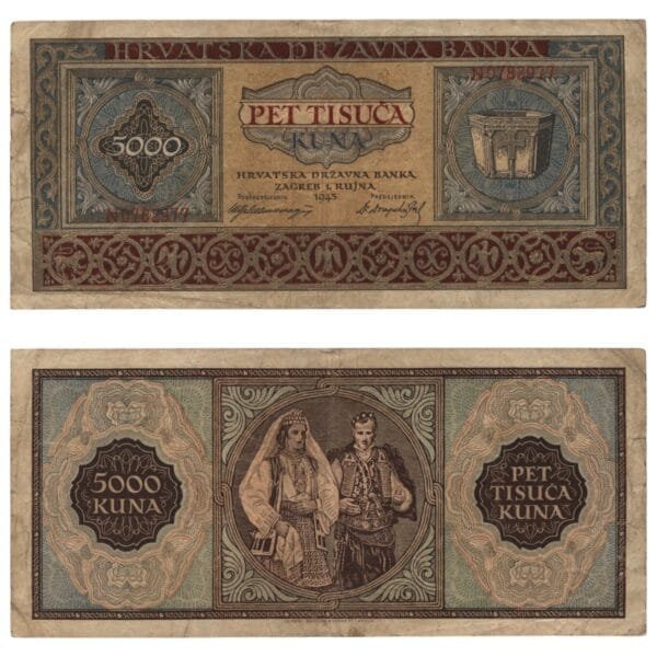 CROATIA 5000 kuna 1943 / Letter prefix: N / WWII Ustasa Germany Italy ally / VF-