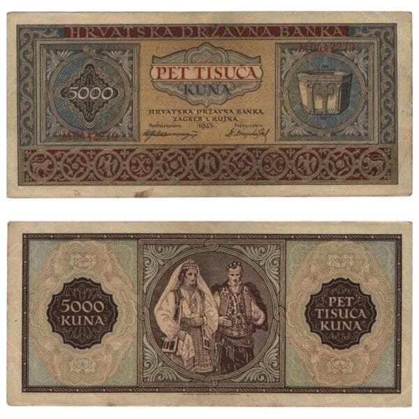 CROATIA 5000 kuna 1943 / Letter prefix: M / WWII Ustasa Germany Italy ally / VF-