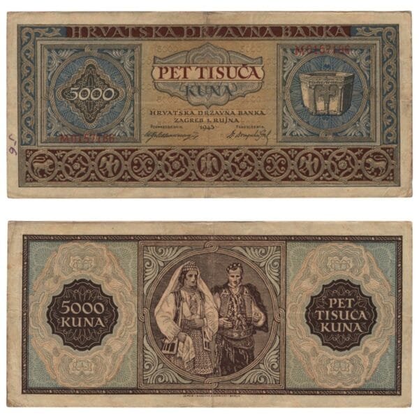 CROATIA 5000 kuna 1943 / Letter prefix: M / WWII Ustasa Germany Italy ally / VF-