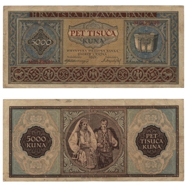 CROATIA 5000 kuna 1943 / Letter prefix: M / WWII Ustasa Germany Italy ally / VF-