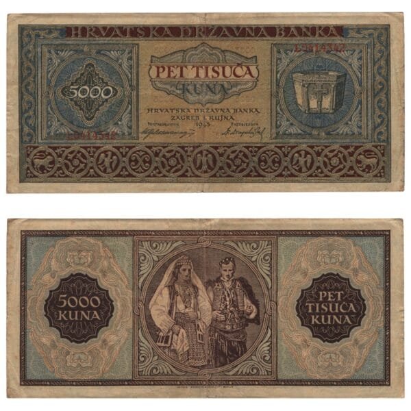CROATIA 5000 kuna 1943 / Letter prefix: L / WWII Ustasa Germany Italy ally / VF-