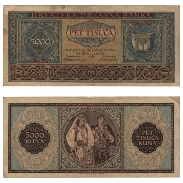 CROATIA 5000 kuna 1943 / Letter prefix: L / WWII Ustasa Germany Italy ally / VF-