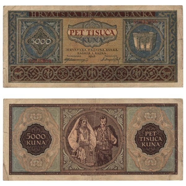 CROATIA 5000 kuna 1943 / Letter prefix: K / WWII Ustasa Germany Italy ally / VF-