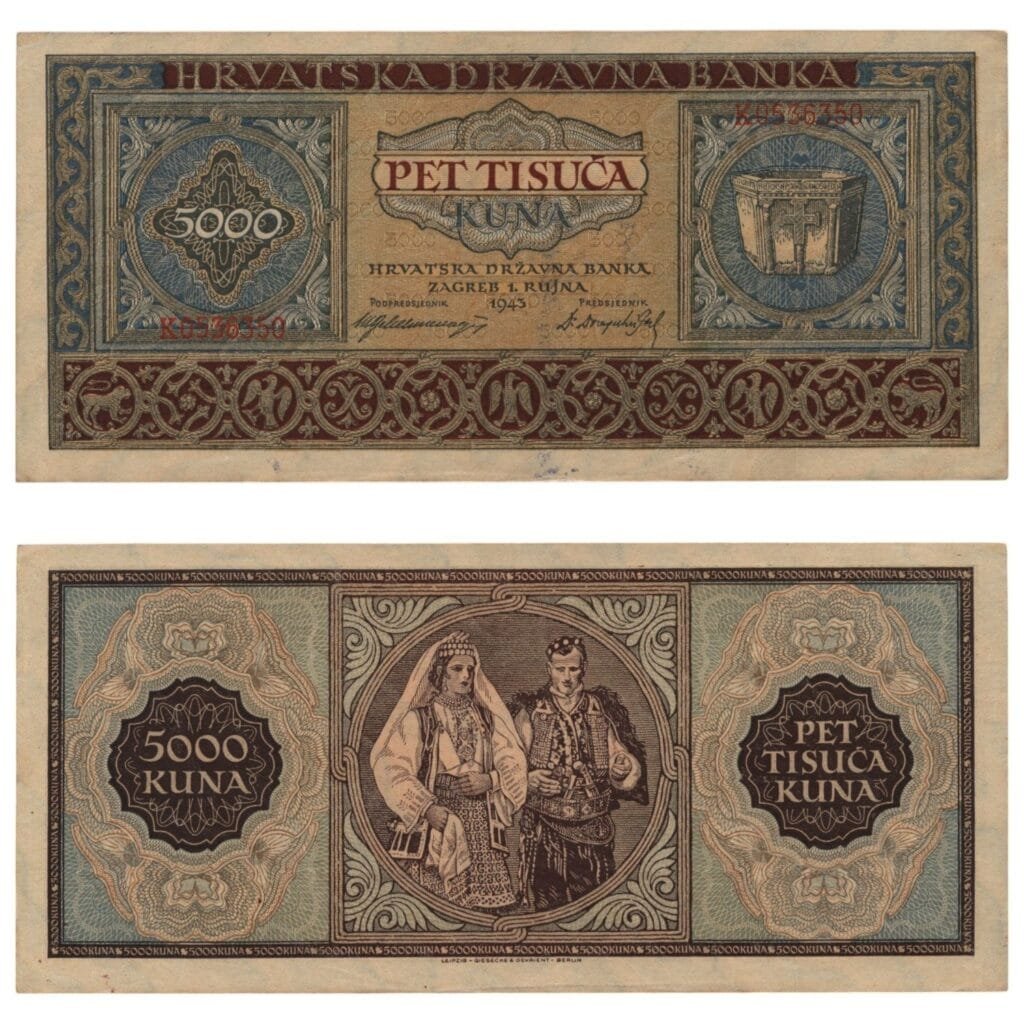 CROATIA 5000 kuna 1943 / Letter prefix: K / WWII Ustasa Germany Italy ally / VF-