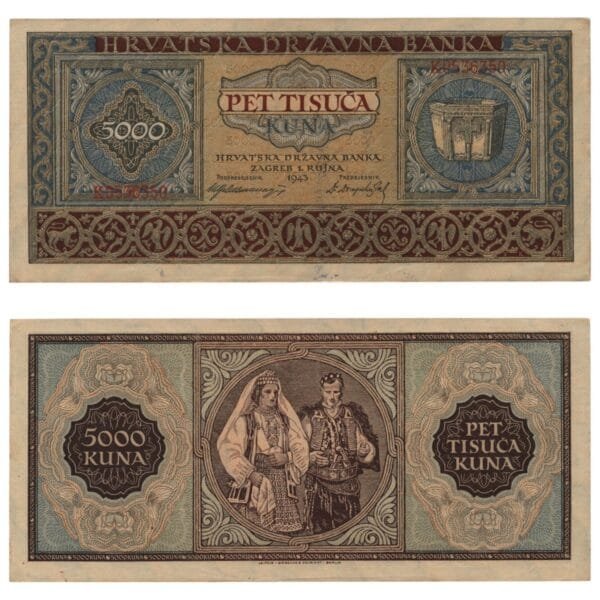 CROATIA 5000 kuna 1943 / Letter prefix: K / WWII Ustasa Germany Italy ally / VF-
