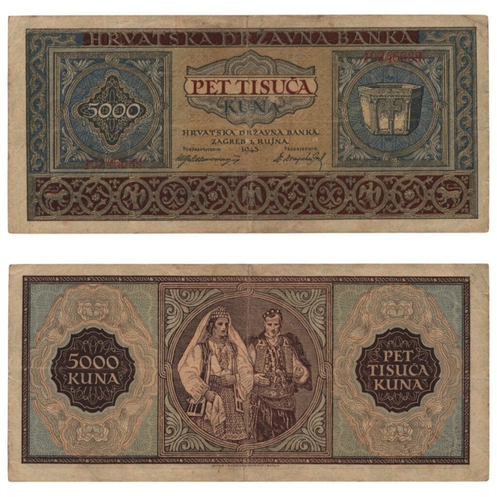 CROATIA 5000 kuna 1943 / Letter prefix: J / WWII Ustasa Germany Italy ally / VF-