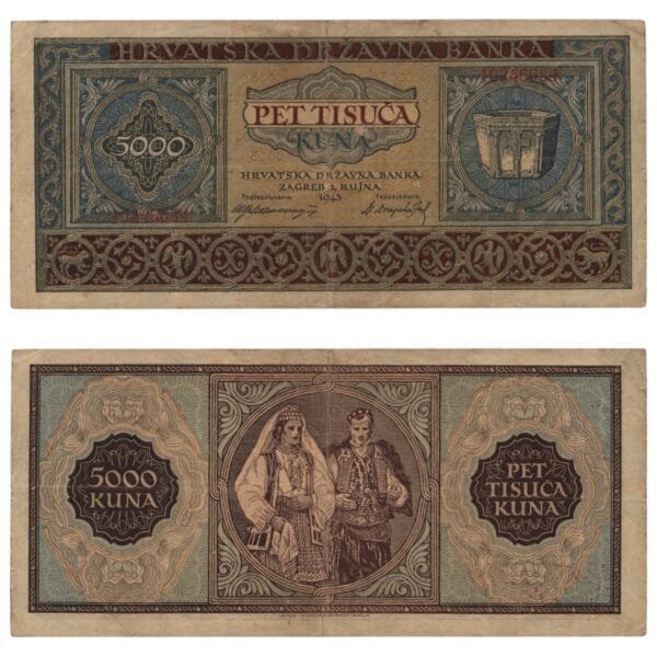 CROATIA 5000 kuna 1943 / Letter prefix: J / WWII Ustasa Germany Italy ally / VF-