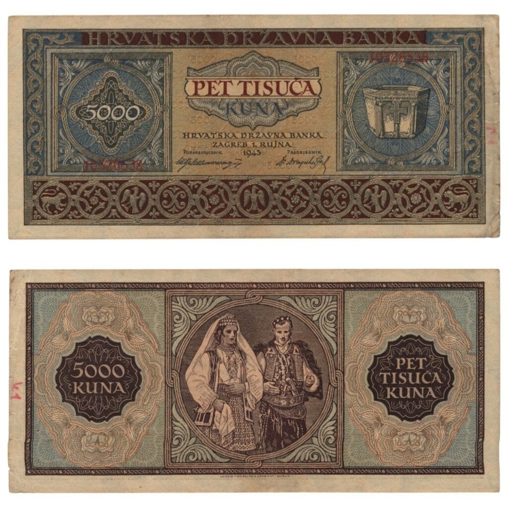CROATIA 5000 kuna 1943 / Letter prefix: J / WWII Ustasa Germany Italy ally / VF-