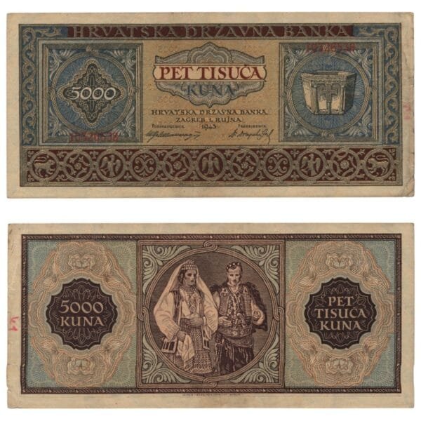 CROATIA 5000 kuna 1943 / Letter prefix: J / WWII Ustasa Germany Italy ally / VF-