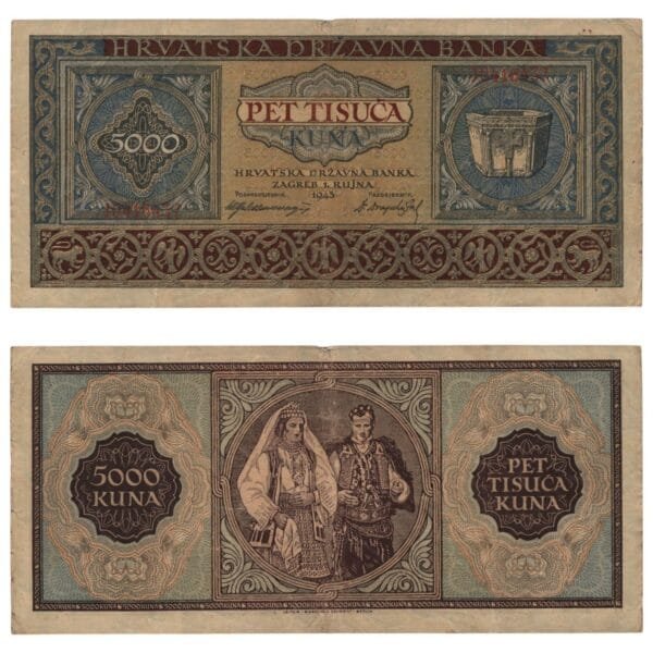 CROATIA 5000 kuna 1943 / Letter prefix: J / WWII Ustasa Germany Italy ally / VF-