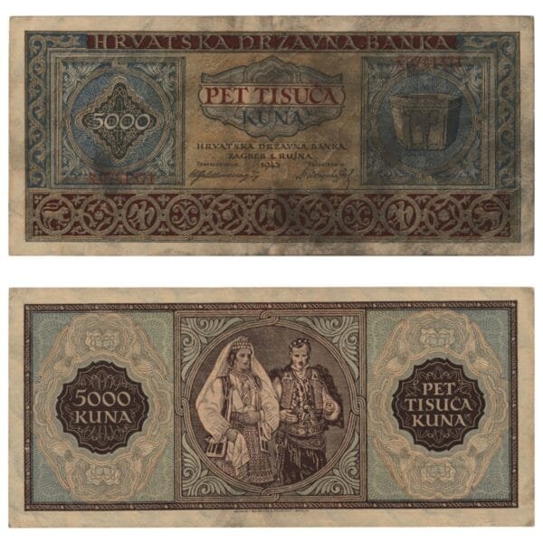 CROATIA 5000 kuna 1943 / Letter prefix: K / WWII Ustasa Germany Italy ally / F