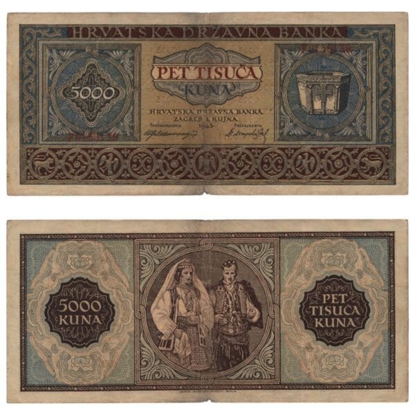 CROATIA 5000 kuna 1943 / Letter prefix: F / WWII Ustasa Germany Italy ally / F