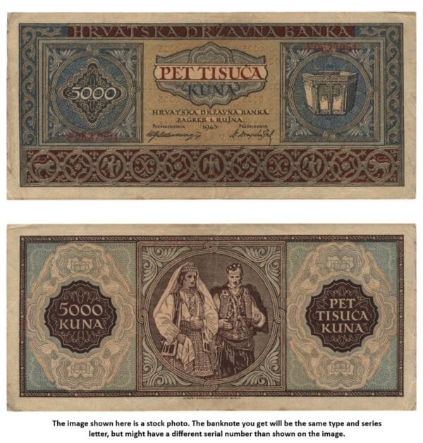CROATIA 5000 kuna 1943 / Letter prefix: F / WWII Ustasa Germany Italy ally / VF