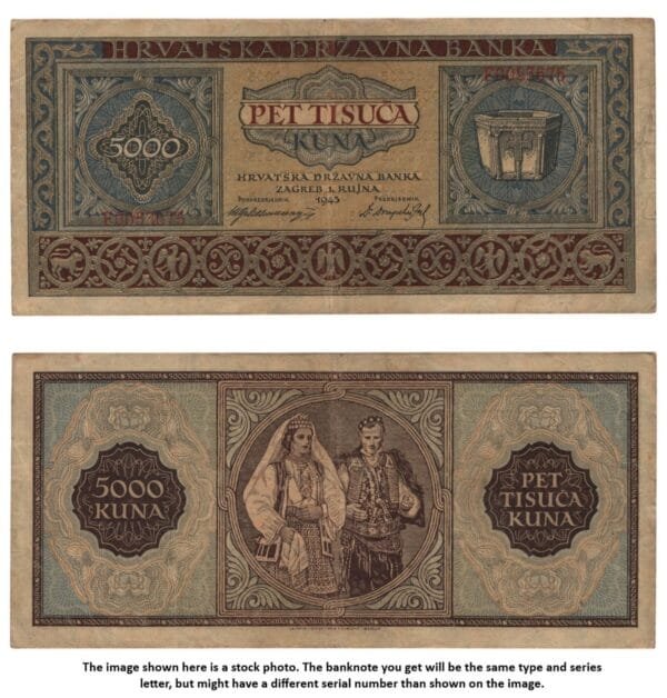 CROATIA 5000 kuna 1943 / Letter prefix: F / WWII Ustasa Germany Italy ally / VF-
